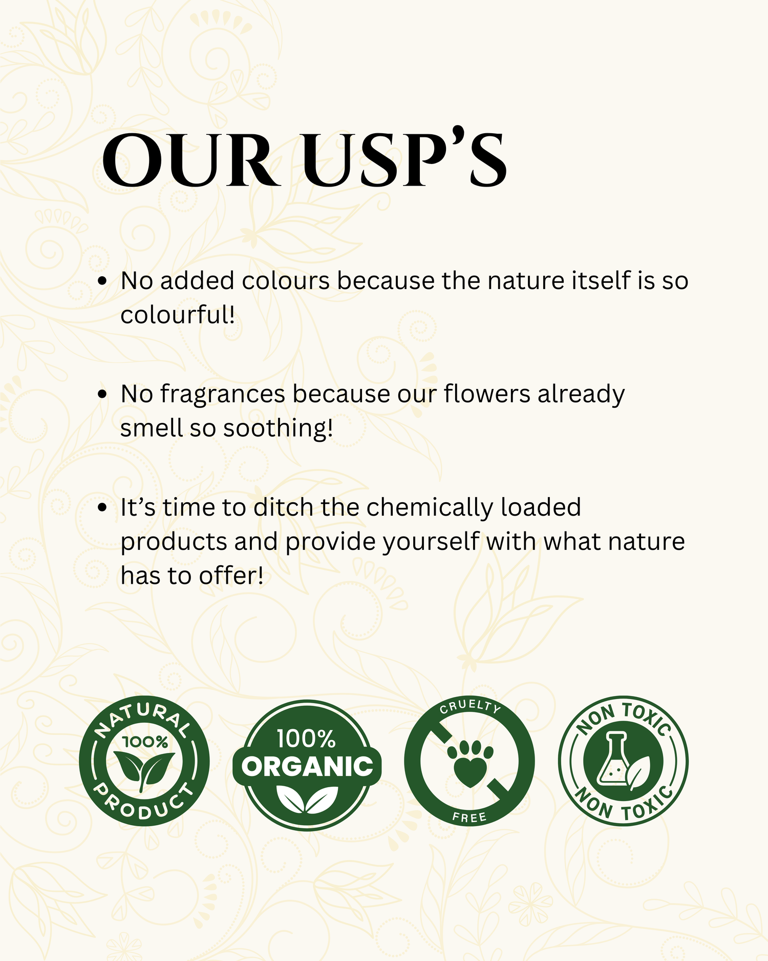 Prakritam Rituals brand USPs highlighting no added colours, no artificial fragrances, 100% Organic and Natural Ayurvedic skincare, and cruelty-free non-toxic formulations