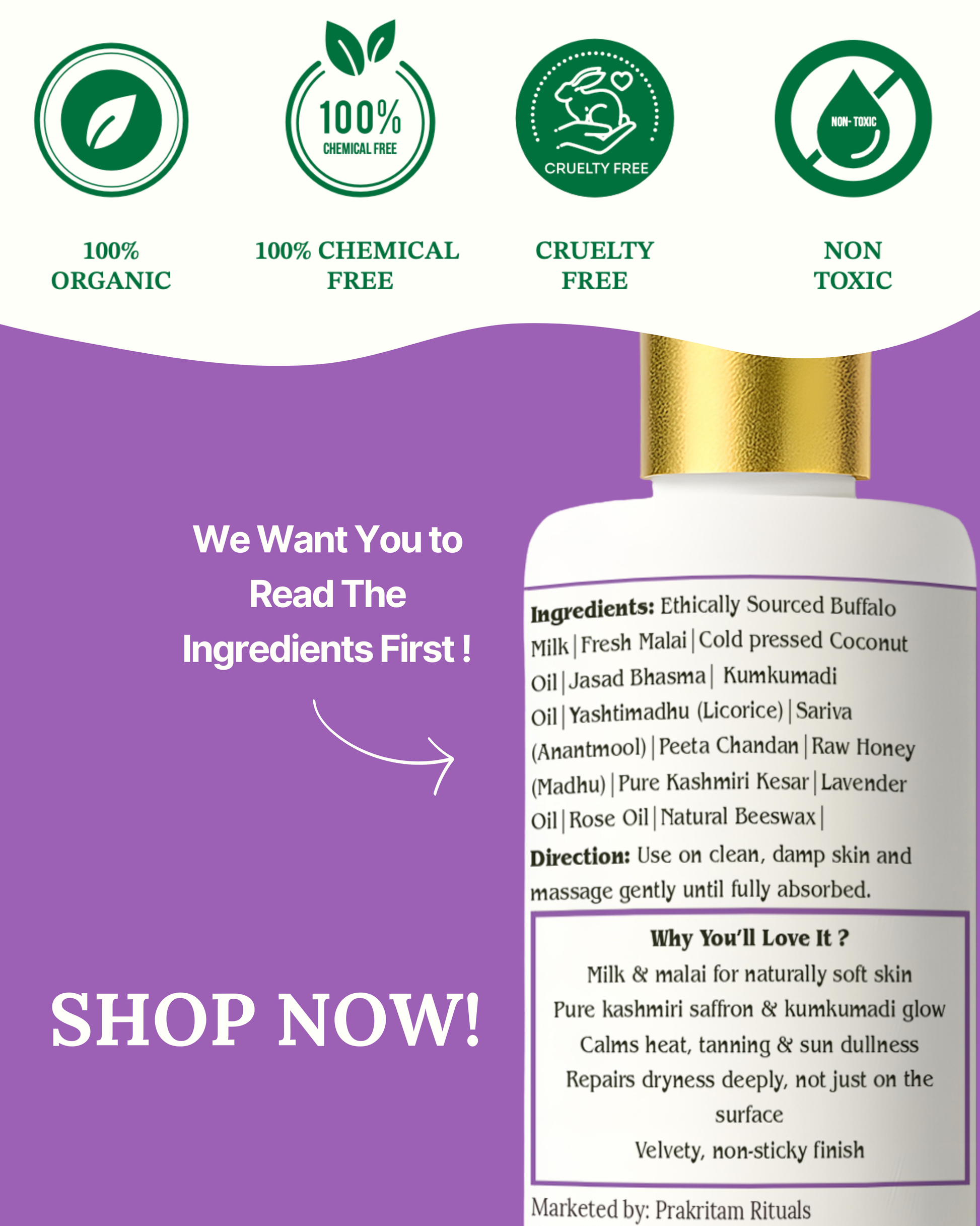 Complete ingredient list of Prakritam Rituals Saffron Body Milk highlighting transparency and Ayurvedic brand values