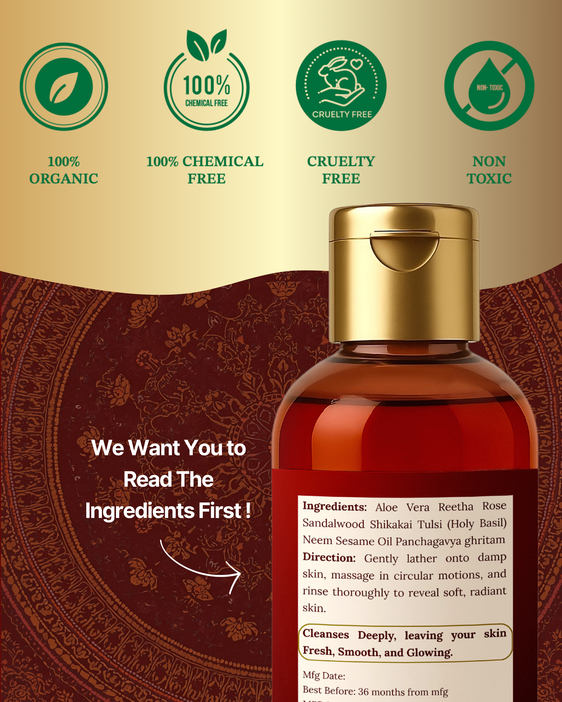 Complete ingredient list of Prakritam Rituals Body Wash highlighting transparency and Ayurvedic brand values