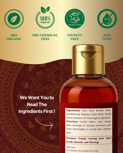 Complete ingredient list of Prakritam Rituals Body Wash highlighting transparency and Ayurvedic brand values