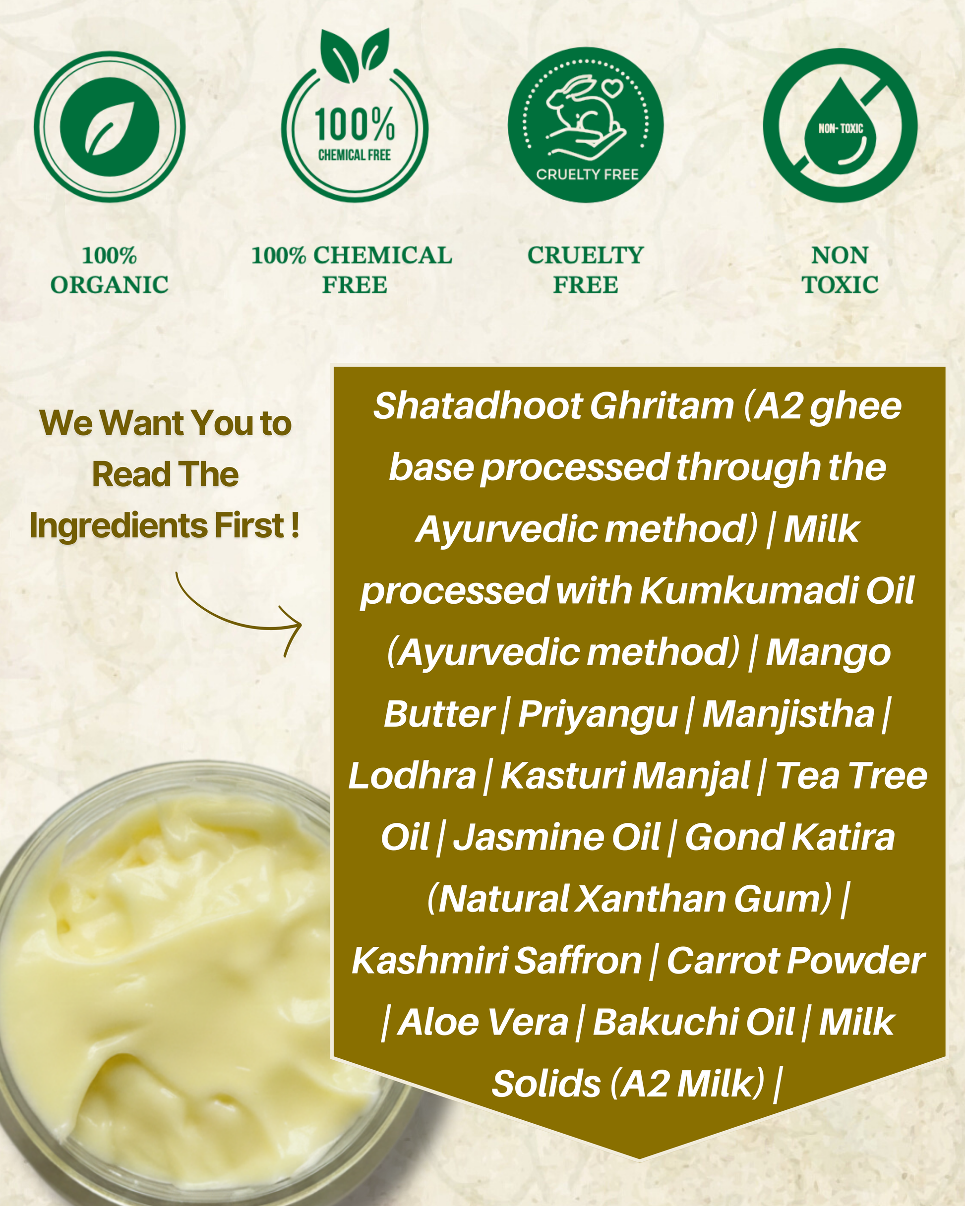 Complete ingredient list of Prakritam Rituals Saffron Face Cream promoting transparent and conscious skincare