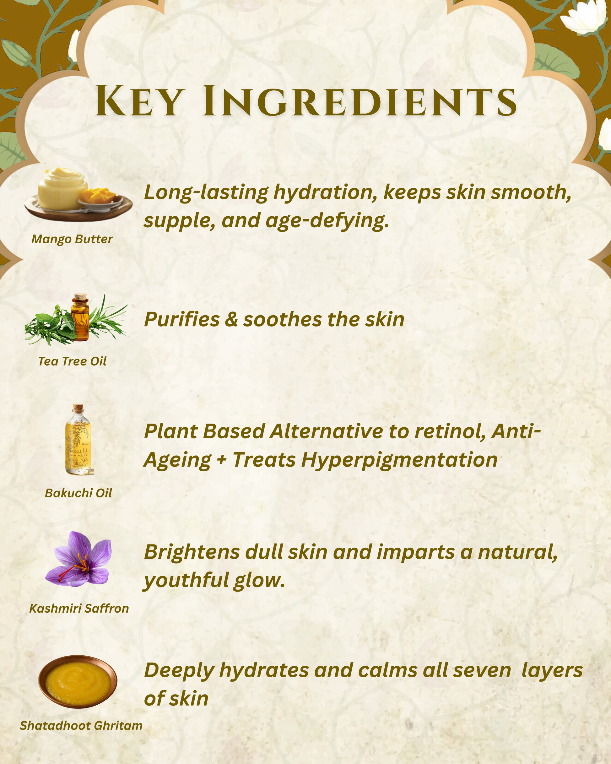 Key Ayurvedic ingredients in Prakritam Rituals Saffron Face Cream and their skin-nourishing benefits