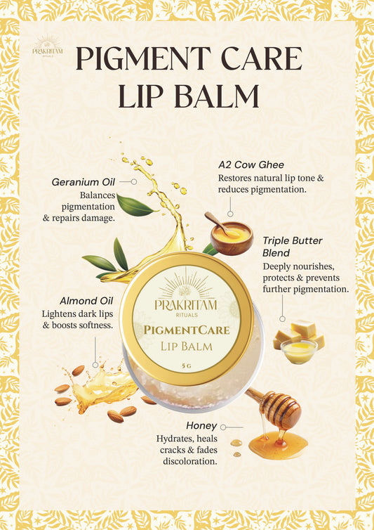 Key natural and Ayurvedic ingredients in Prakritam Rituals Pigment Care Lip Balm and their benefits for lip pigmentation