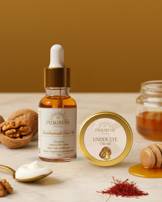 Prakritam Rituals glow and eye care combo featuring Kumkumadi Face Oil and Under Eye Cream