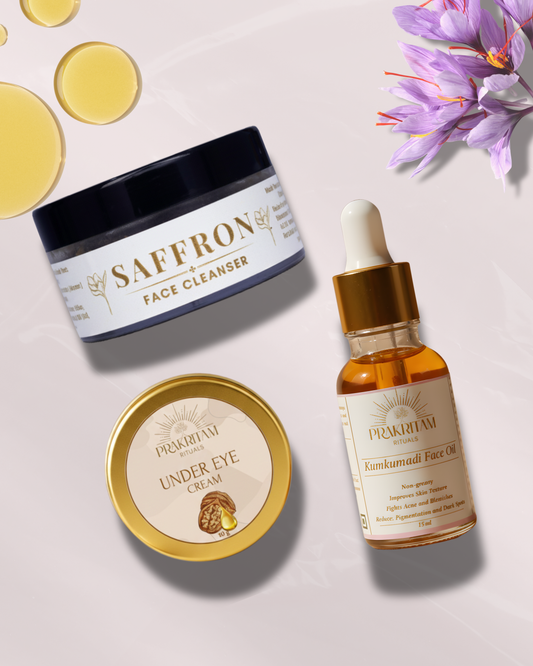 Prakritam Rituals Ayurvedic glow ritual combo with Kumkumadi Face Oil, Under Eye Cream and Saffron Face Cleanser