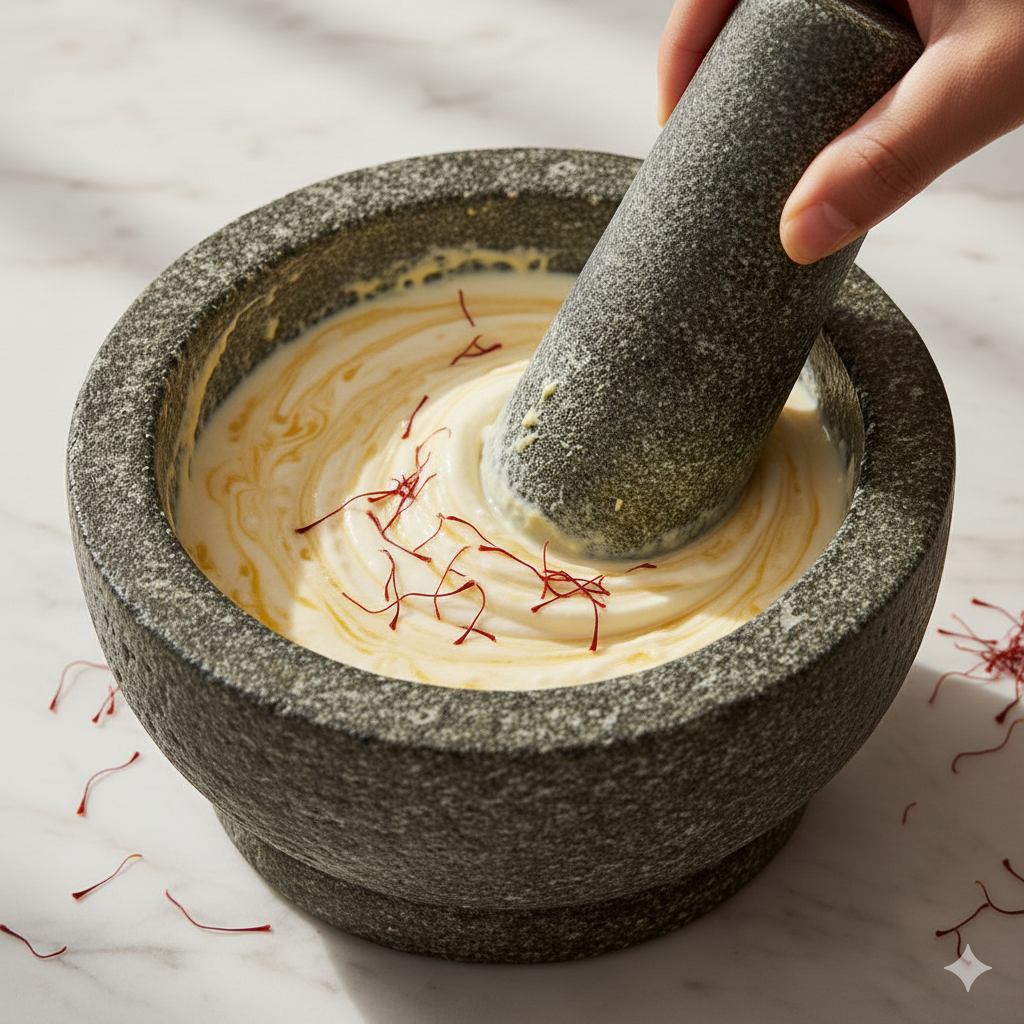 Showing Ingredients being hand blended in stone mortar