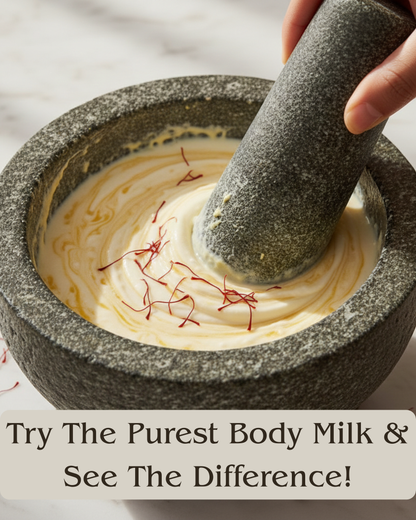 Traditional stone mortar process used to make Prakritam Rituals Saffron Body Milk, inviting you to try the purest body nourishment